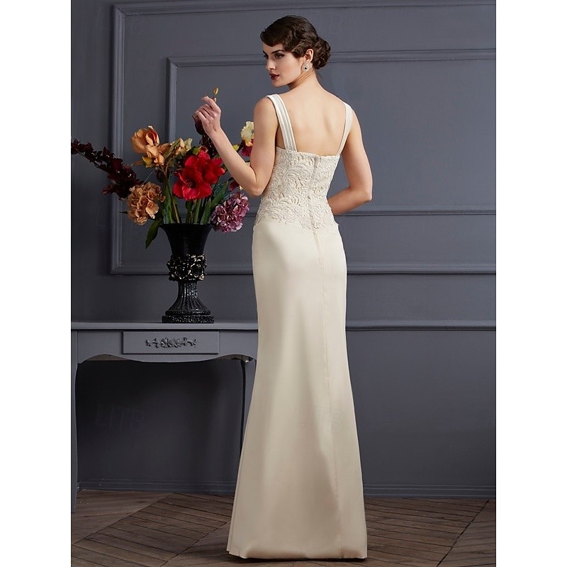 Sheath Mother of the Bride Dress Wedding Guest Elegant Plus Size Straight Neckline Floor Length Chiffon Satin Lace Sleeveless Short Jacket Dresses with Sash / Ribbon Appliques3