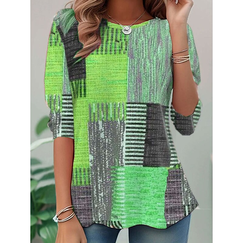 Women's T shirt Long Sleeve Crew Neck Long Sleeve Tunic Graphic Geometric Plaid Casual Round Neck Regular Tops Daily Print Pink Purple Green Spring Fall Prefall3