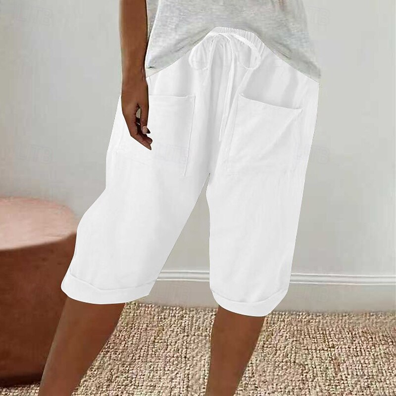 Women's Capri Pants Cotton Linen Pants Slacks Casual Calf-Length Natural Plain Pocket Elastic Waist Comfy Outdoor Comfortable Outdoor Weekend Grey Black White Green Summer Regular Fit2