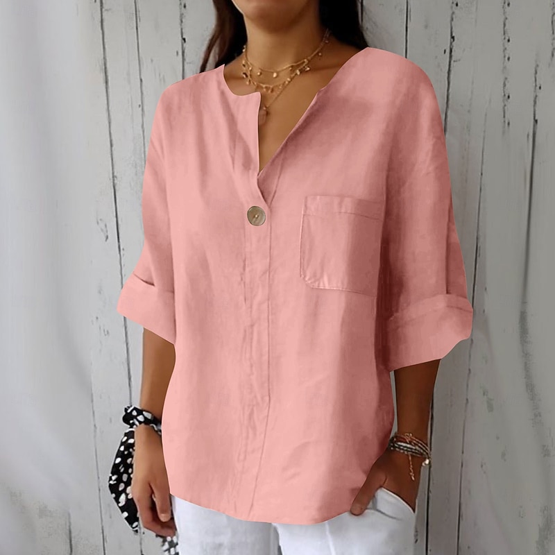 Women's Cotton Linen Blouse Solid Color Elegant Stylish Casual 3/4 Length Sleeve V Neck Regular Tops Daily Holiday Buttons Black White Pink Blue Beige Summer Spring2