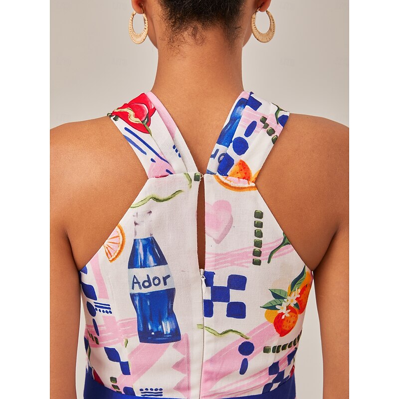 Tropical Fruit And Vegetable Print Halter Neck Long Dress4