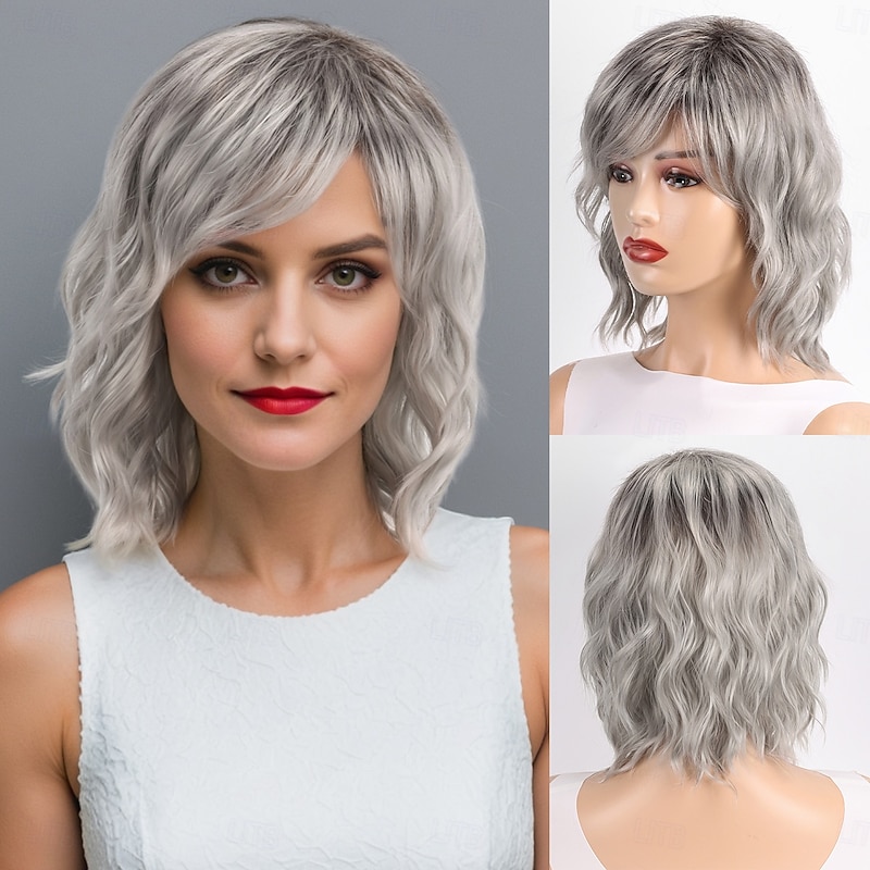 Synthetic Wig Curly Micro Locs Asymmetrical Deep Parting Machine Made Wig 16 inch A1 Synthetic Hair Men's Middle Part Cool Comfortable Silver