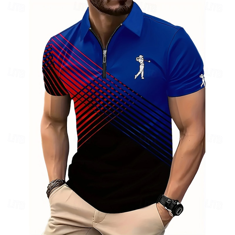 Men's Geometric Golf Zip Polo Short Sleeve Turndown Casual / Sporty Athleisure Casual Daily Zipper 3D Print Summer Violet Robin's Egg Blue