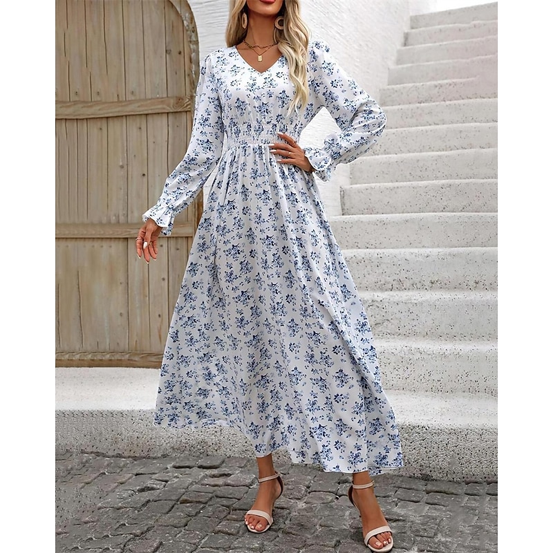 Women's Long Dress Maxi Dress Casual Dress Swing Dress Print Dress Fashion Classic Modern Puff Sleeve Outdoor Vacation Holiday Regular Fit Flower Long Sleeve V Neck Black White Green Summer3