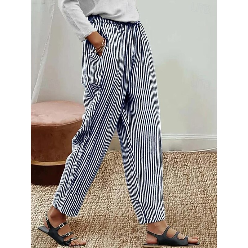 Women's Cotton Linen Pants Baggy Pants Linen Like Vacation Vintage Hawaiian Full Length High Waist Graphic Striped Printing Thermal Warm Breathable Soft Micro-elastic Vacation Daily Going out4