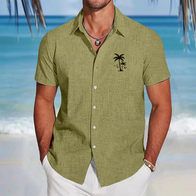 Men's Coconut Tree Tropical Plants Linen Shirt Beach Shirt Summer Hawaiian Shirt Short Sleeve Hawaiian Vacation Holiday Beach Wear Summer Spring Turndown Collared Shirts Blue Green Gray
