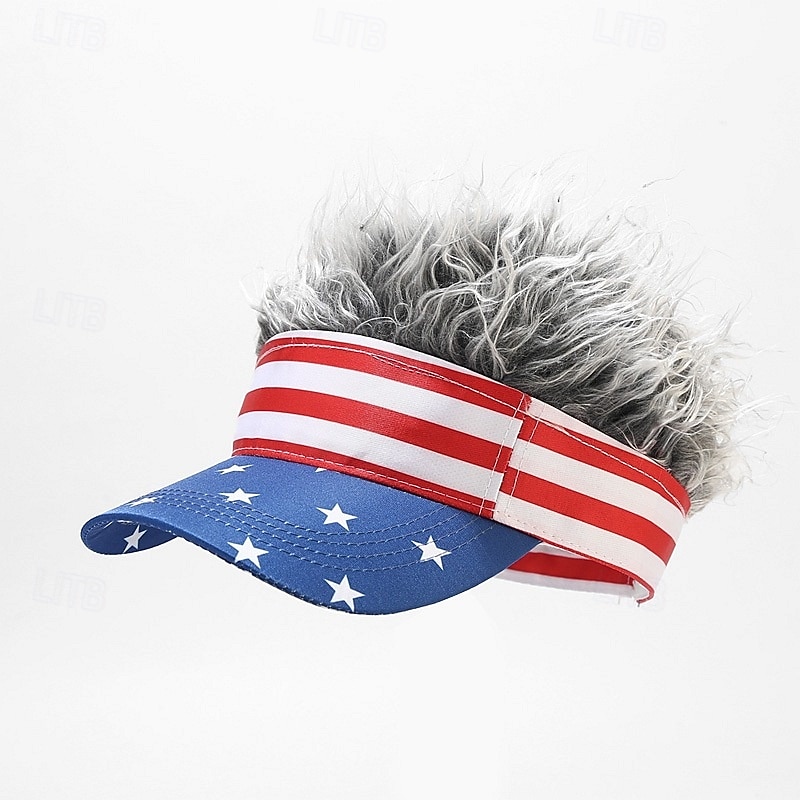 American Flag Mens Visor Cap Wig Adjustable Baseball Cap Golf Hats with Fake Hair