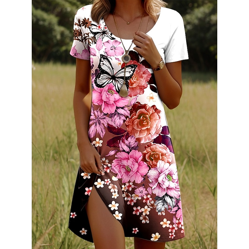 Women's Mini Dress Casual Dress T Shirt Dress Tee Dress Sundress A Line Dress Stylish Casual Beach Regular Fit Ombre Floral Graphic Short Sleeve Crew Neck Light Pink Pink Wine Summer Spring4