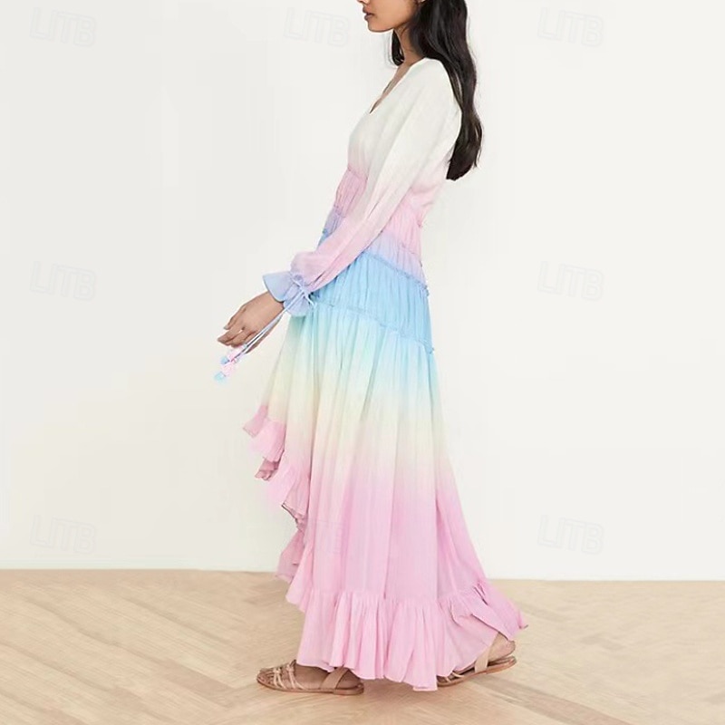 Women's Midi Dress Floral Dress Fashion Modern Daily Going out Weekend Regular Fit Ombre Long Sleeve V Neck Red Blue Purple Summer3