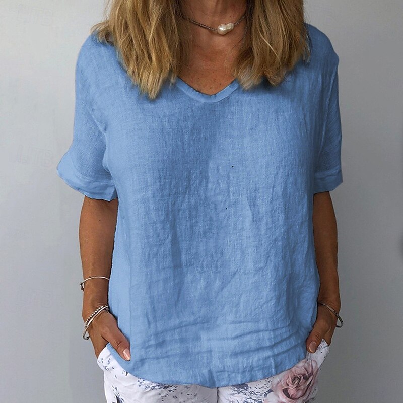 Women's Shirt Linen Shirt Cotton Linen Shirts Plain Daily Stylish Basic Short Sleeve V Neck Regular Tops Work Daily Holiday White Blue Gray Summer