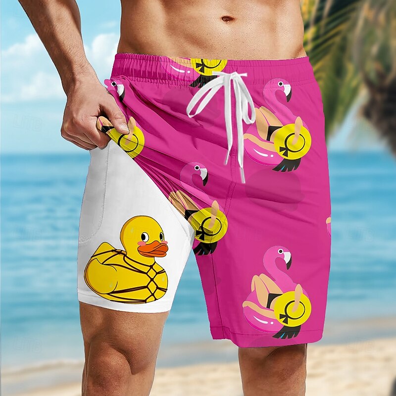 Men's Flamingo Funny Duck Lined Shorts 2 in 1 Board Shorts Swim Shorts Mid Waist Hawaiian Vacation Holiday Beach Wear Side Pockets With Compression Liner Elastic Drawstring Waist Designer Clothing4
