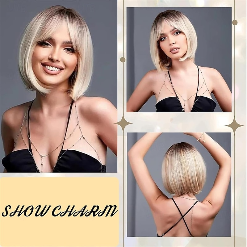 Short Blonde Bob Wigs for Women Blonde Wig with Bangs for Party4
