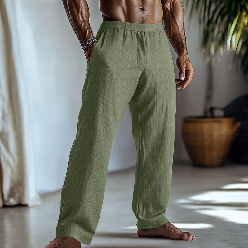 Men's Linen Pants Trousers Summer Pants Baggy Pants Elastic Waist Straight Leg Plain Comfort Breathable Full Length Home Yoga Daily Fashion Classic Style Black Light Green