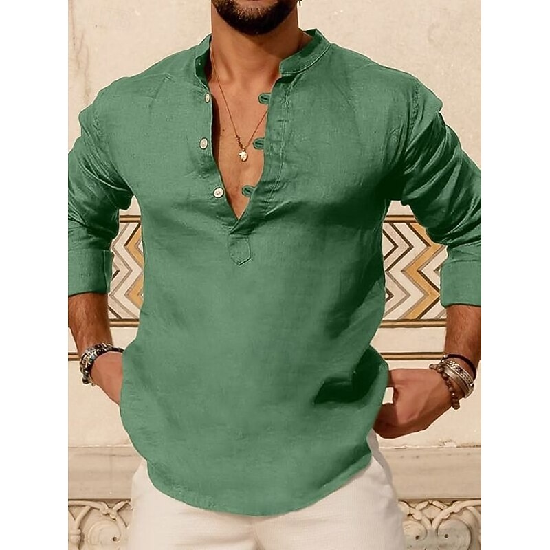 Men's Shirt Linen Shirt Popover Shirt Summer Shirt Beach Wear Henley Shirt Solid Color Vacation Home Pink Sky Blue Green Khaki Long Sleeve Stand Collar Summer Spring Clothing Apparel Buttons3