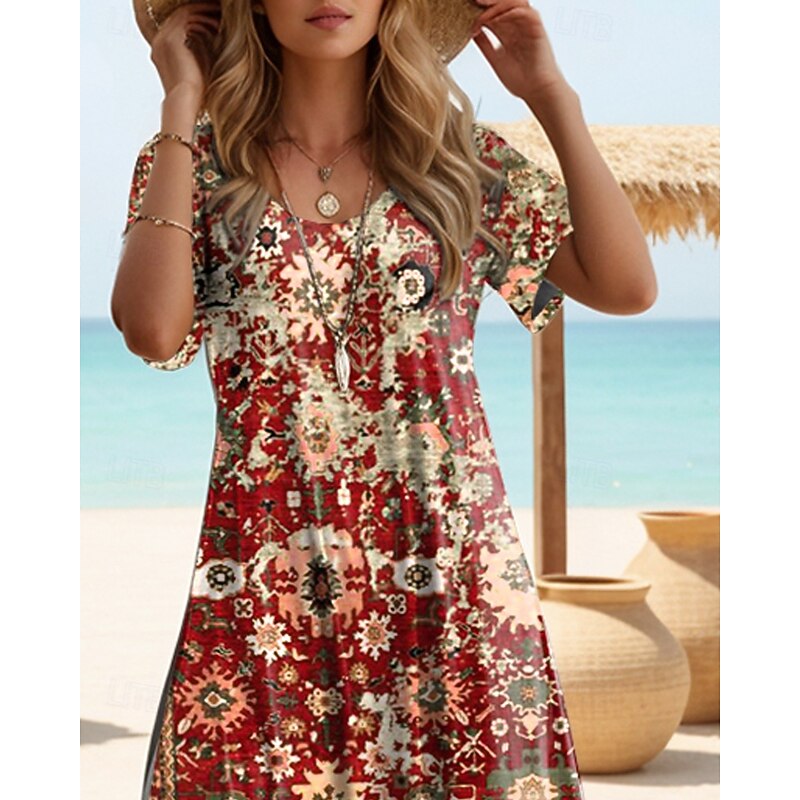 Women's Maxi Dress Casual Dress T Shirt Dress Tee Dress Sundress Shift Dress Bohemia Party Holiday Beach Loose Fit Floral Vintage Bohemian Short Sleeve Crew Neck Maroon Aqua Blue Summer Spring2