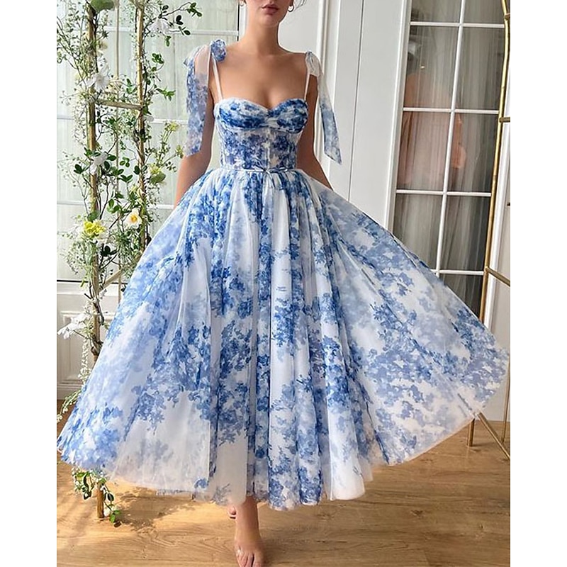 A-Line Prom Dresses Corset Dress Semi Formal Wedding Tea Length Midi Length Cocktail Dress Sleeveless Sweetheart Neck Dress with Floral Print Wedding Guest Dress