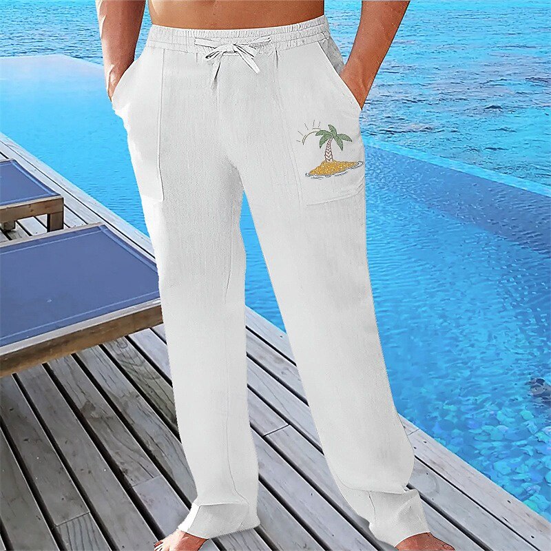 Men's Linen Pants Trousers Summer Pants Beach Pants Pocket Drawstring Elastic Waist Graphic Comfort Breathable Vacation Daily Holiday Hawaiian Boho turmeric White2