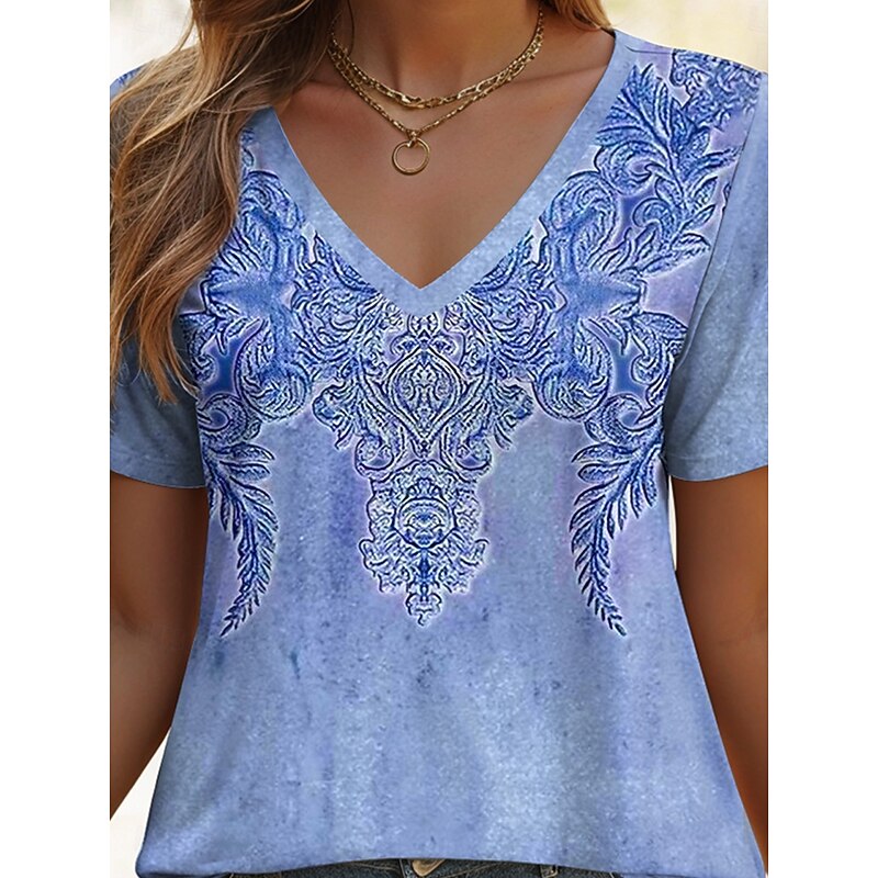 Women's T Shirt Graphic Geometric Paisley Vintage Ethnic Casual Short Sleeve V Neck Regular Tops Daily Print Blue Purple Green Summer Spring3