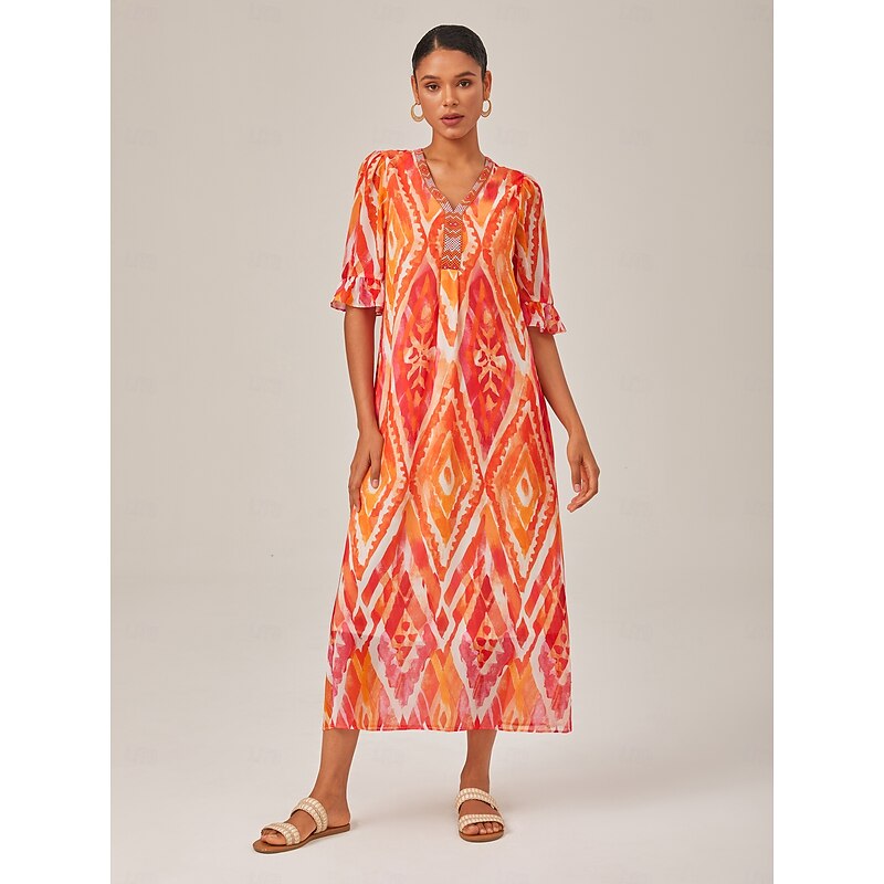 Chiffon Ethnic Print V Neck Midi Dress