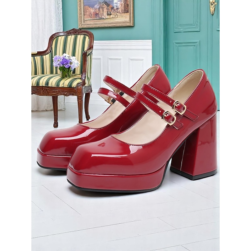 Women's 1980s Retro Double Strap Mary Jane Heels – Green Patent Leather Block Heel Platform Shoes for Vintage-Inspired Fashion, Parties, and Casual Wear3