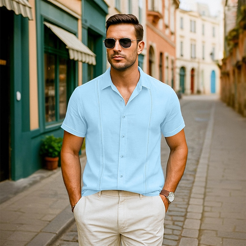 Men's Shirt Linen Shirt Summer Shirt Beach Shirt Summer Hawaiian Shirt Solid Color Vacation Street White Pink Light Blue Short Sleeve Collar Summer Spring & Summer Clothing Apparel Patchwork