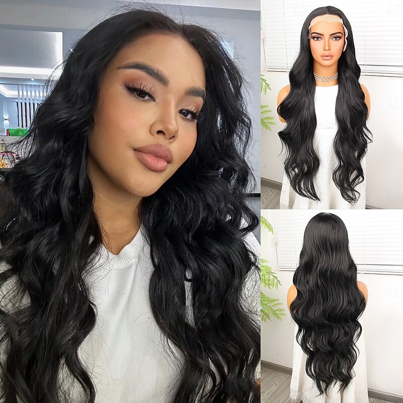 Synthetic Lace Wig Body Wave Style 30 inch Black Middle Part 13x4 Lace Front Wig Women's Wig Black