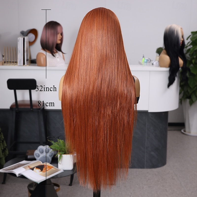 Synthetic Lace Wig Straight Style 32 inch Orange Middle Part 13x6 Lace Front Wig Women's Wig Orange / White / Blue3