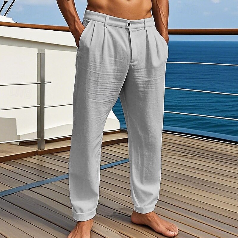Men's Linen Pants Trousers Summer Pants Beach Pants Pocket Pleats Plain Comfort Breathable Vacation Daily Holiday Hawaiian Boho Black White3
