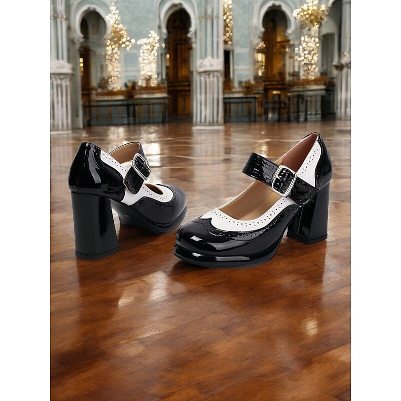 Women's Red and White Patent Leather Mary Jane Heels – 1950s Retro Brogue Style, Chunky Block Heels, Adjustable Buckle Strap, Ideal for Vintage Parties, Costumes and Formal Events4