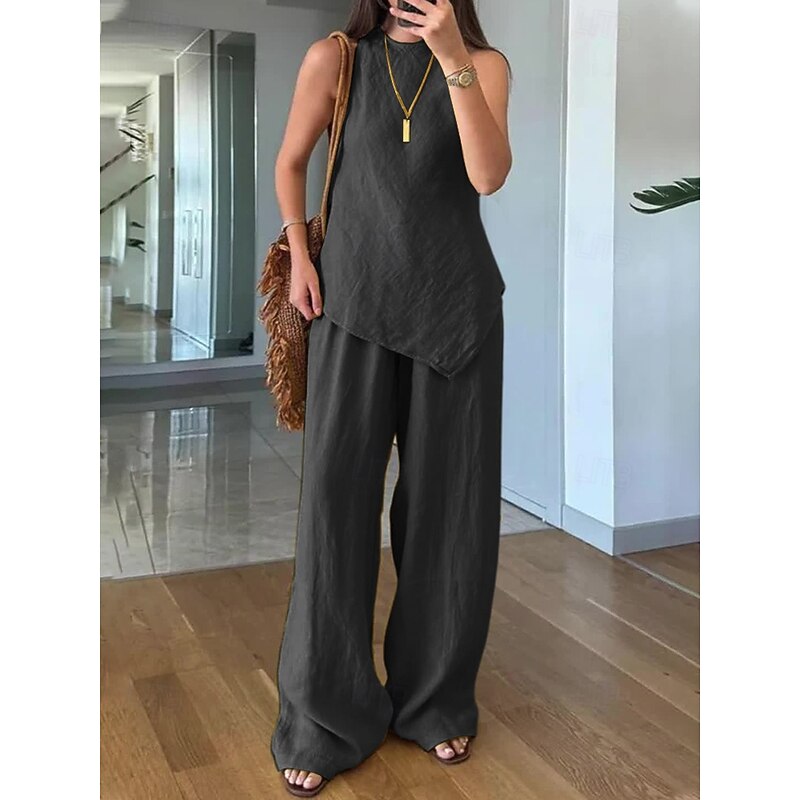 Women Distressed Linen-Inspired Sets Two Piece Sets Bolero Top Sleeveless Crew Neck Solid Color Black White Yellow Summer Loose Fit4