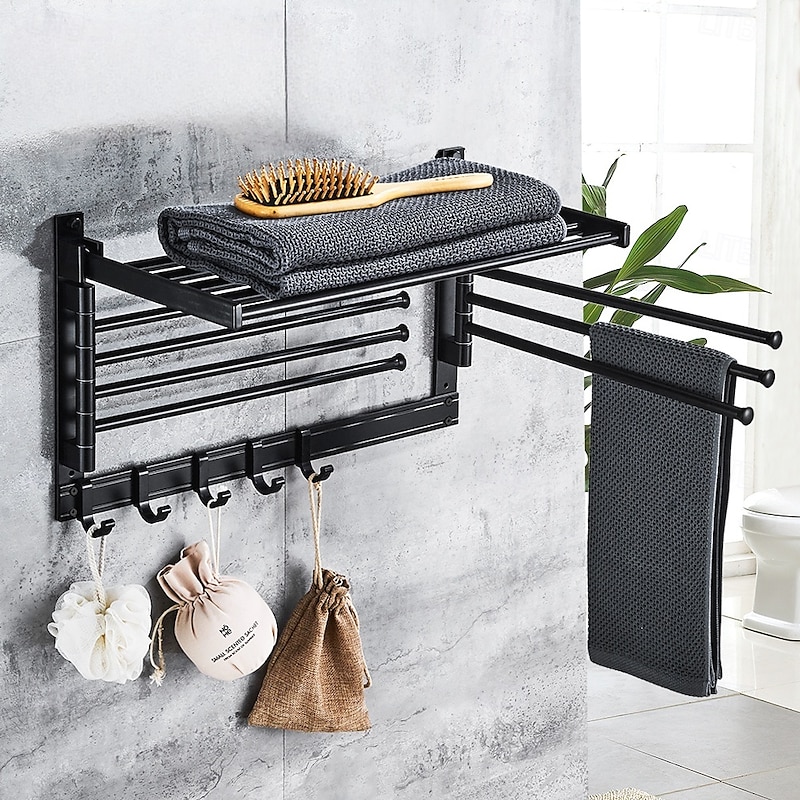 Stainless Steel Towel Rack,Bathroom Towel Rack with Shelf,Foldable Towel Shelf with Movable Hooks Rustproof Towel Storage Wall Mount for Bathroom Lavatory Matte Black