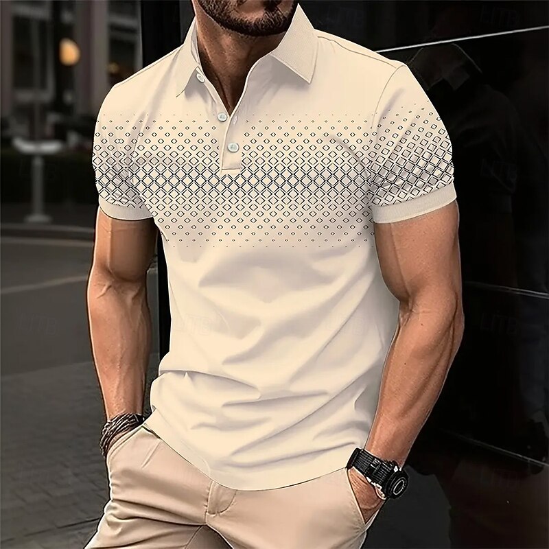 Men's Geometric Polo Short Sleeve Polo Shirts Collared Shirts Business Casual School Outdoor Athleisure Daily Wear 3D Print Summer Dark Brown White Navy Blue3