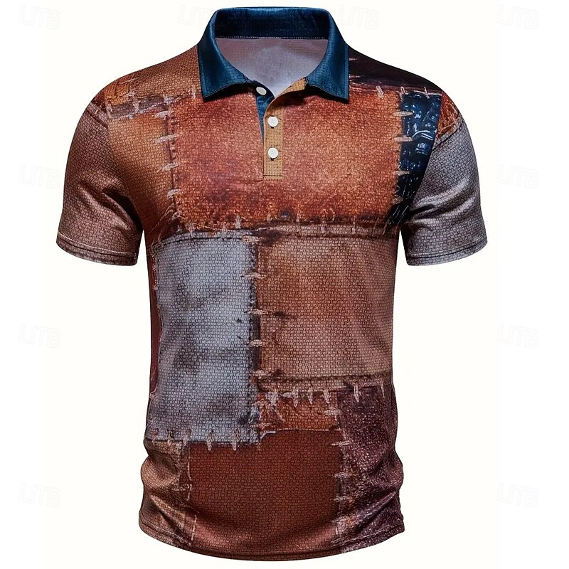Men's Patchwork Waffle Polo Shirts Short Sleeve Polo Shirts Collared Shirts Casual Outdoor Athleisure Buttons 3D Print Summer Brown2