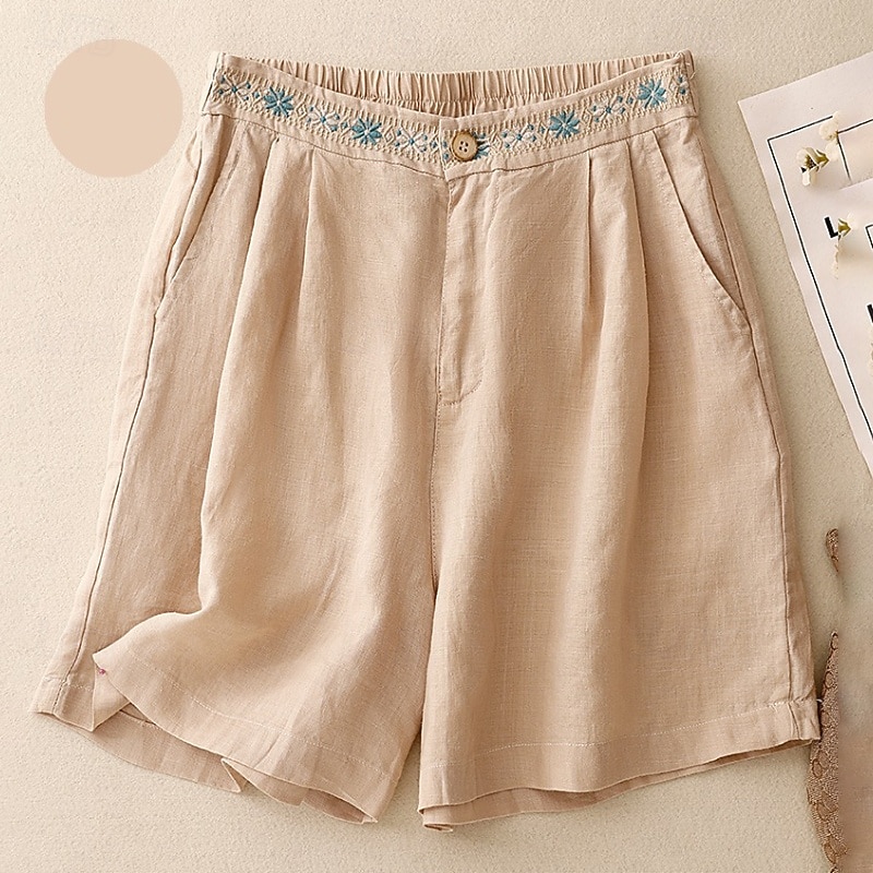 Women's Cotton Linen Shorts Shorts Slacks Casual Short Natural Flower Pocket Printing Comfy Comfortable Street Going out Sapphire Blue Dark Navy Purple Orange Summer Regular Fit4