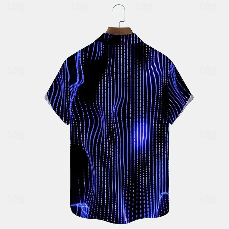 Men's Geometric Stripe Neon Shirt Summer Shirt Button Up Shirt Short Sleeve Fashion Casual Outdoor Vacation Dailywear Summer Spring Turndown 3D Print Collared Shirts Front One Pocket Dark Blue2