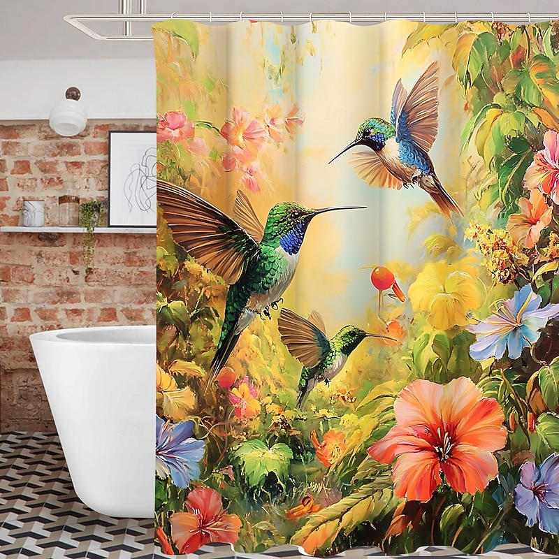 Shower Curtain with Hooks 180cm*180cm(70"*70") Polyester Machine Washable Waterproof Tropical Rainforest Flowers Pattern3