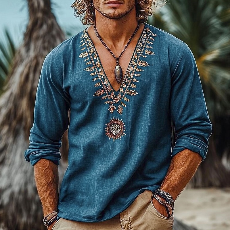 Men's Shirt Linen Shirt Viking Style Summer Shirt Beach Wear Pirate Shirt Solid Color Vacation Street Navy Blue Long Sleeve V Neck Summer Spring Clothing Apparel Medieval Knight