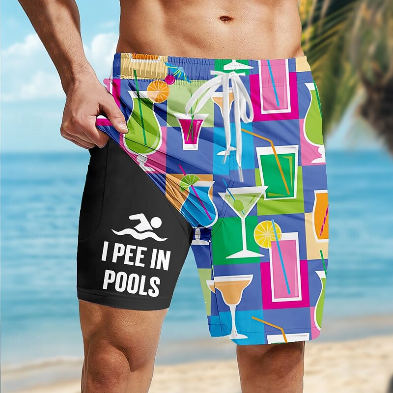 Men's Food and Drink Funny Slang Lined Shorts 2 in 1 Board Shorts Swim Shorts Mid Waist Hawaiian Holiday Beach Wear Side Pockets With Compression Liner Elastic Drawstring Waist Designer Clothing