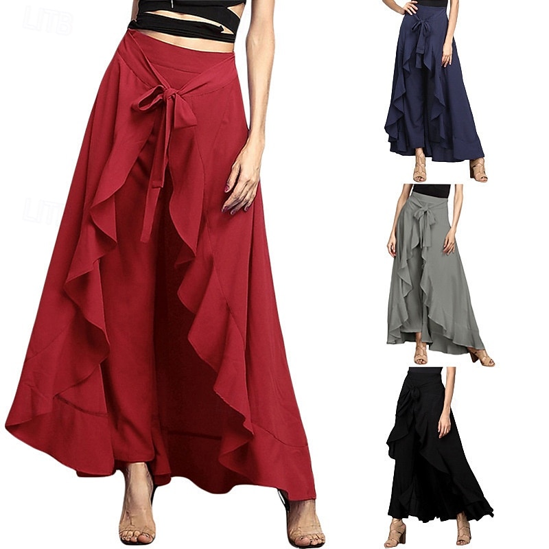 Women's Slacks Pants Trousers Fashion Streetwear Full Length Natural Plain Ruffle Comfy Outdoor Comfortable Street Weekend Magenta Grey Black Dark navy Summer Regular Fit