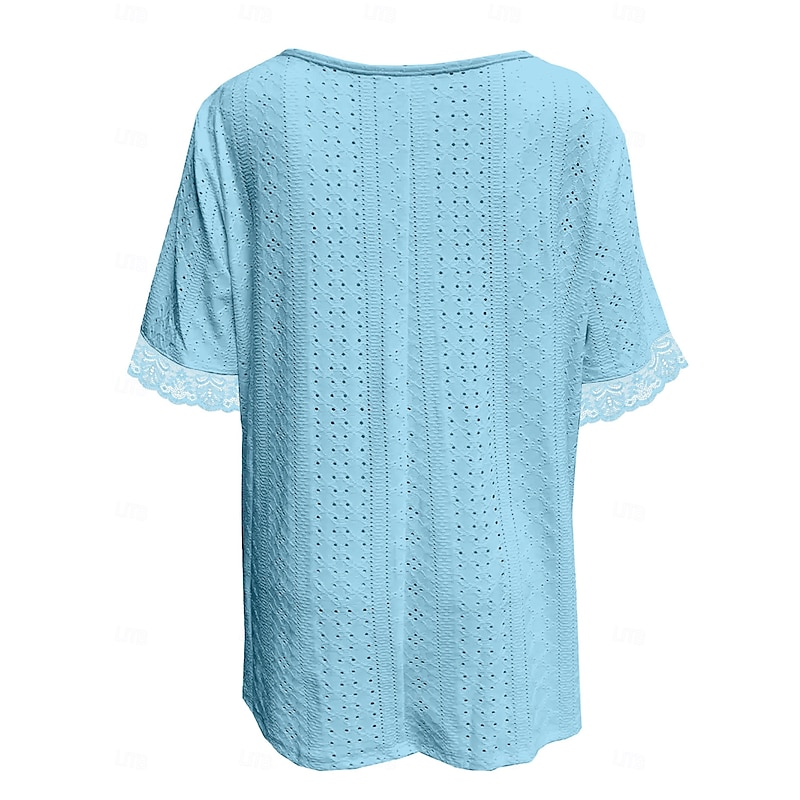 Women's Tunic Solid Color Plain Elegant Vintage Fashion Short Sleeve V Neck Regular Tops Daily Weekend Lace Pink Blue Summer Spring4