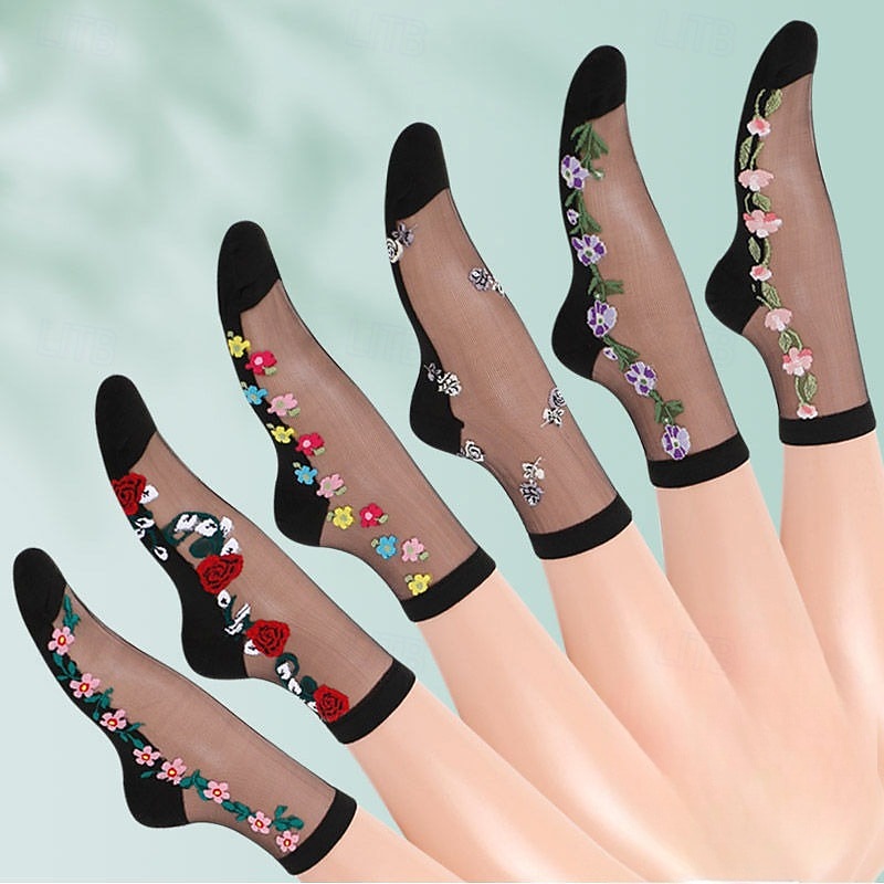 6 Pairs Lady Embroidery Floral Socks Transparent Sheer Mesh Thin Comfort Hosiery4