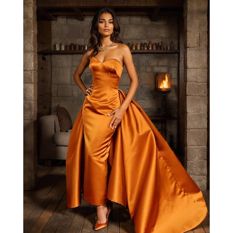 Mermaid Evening Gown With Overskirt Formal Wedding Guest Court Train Sleeveless Sweetheart Satin with Pleats