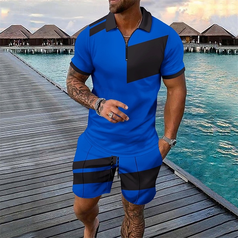 Men's T-shirt Suits 2 Pieces Outfits Tee & Shorts Short Sleeve Quarter Zip Summer Color Block Fashion Casual 2 Piece Splice Vacation Daily Wear Going out Silver Black Wine Top Tee for Men4