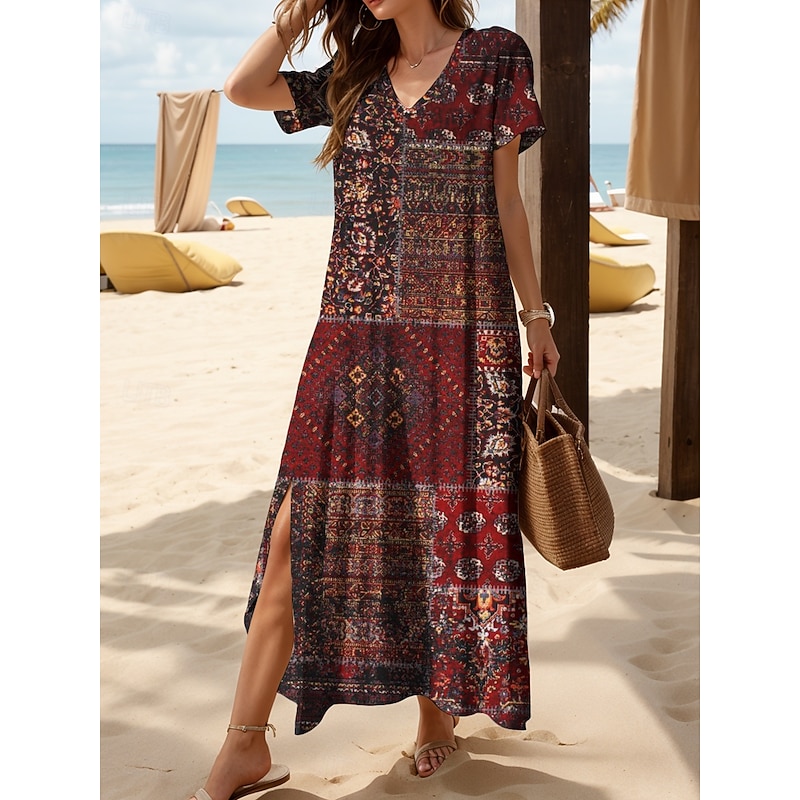 Women's Midi Dress Sundress A Line Dress Summer Dress Vacation Casual Loose Fit Floral Graphic Abstract Short Sleeve V Neck Yellow Red Blue Purple Summer Spring Fall