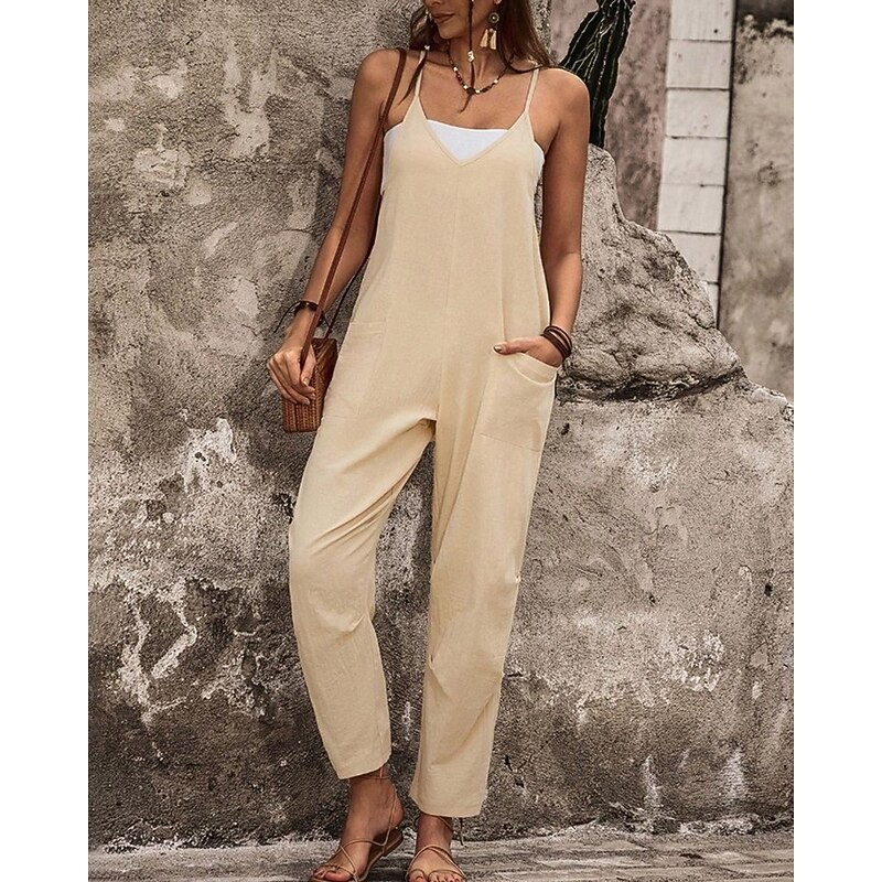 Women's Normal Jumpsuit Streetwear Solid Color Sleeveless Straight V Neck Pocket Street Daily Regular Fit Apricot Summer4