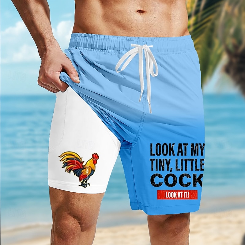 Men's Rooster Letter Printed Funny Lined Shorts 2 in 1 Board Shorts Swim Shorts Mid Waist Hawaiian Vacation Beach Wear Side Pockets With Compression Liner Elastic Drawstring Waist Designer Clothing2