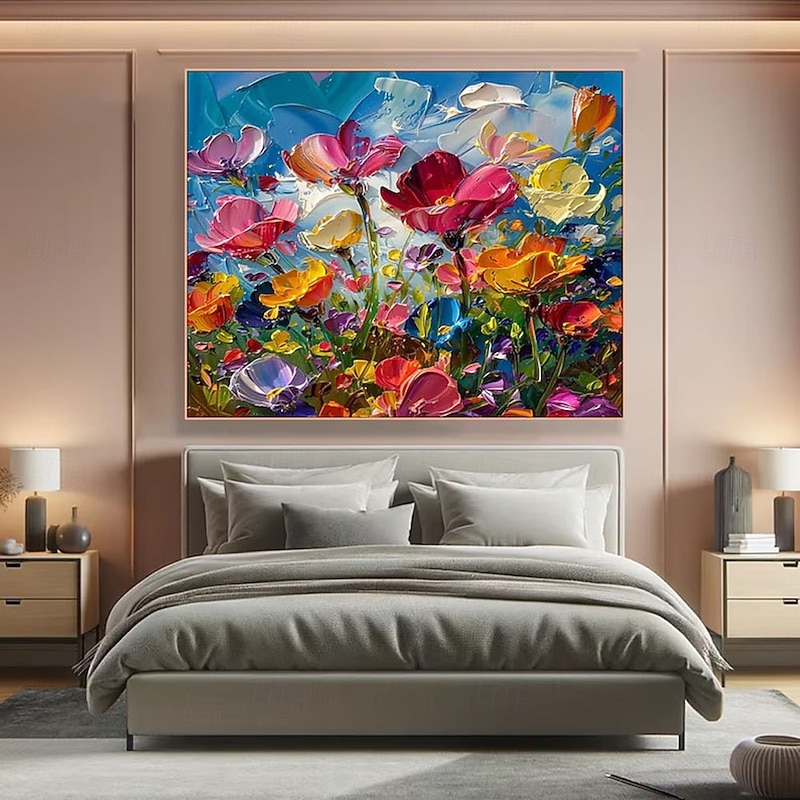 Colorful Floral Canvas Art handmade Vibrant Flower Oli Painting on Canvas hand painted Textured Acrylic Painting Impasto Cheerful Floral Art oil painting for Living Room Wall Art paintings