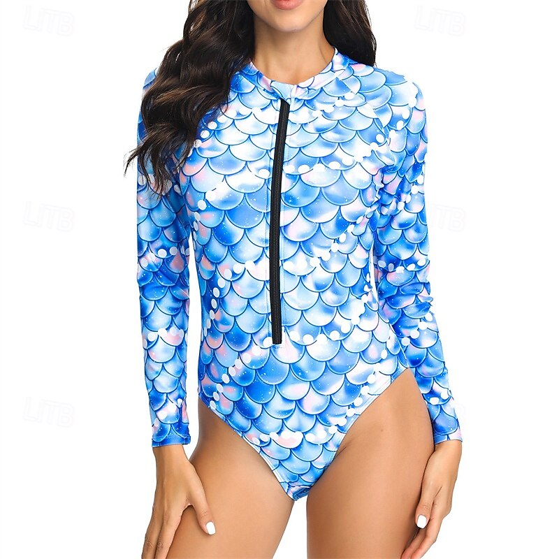 Women's Rash Guard One Piece Swimsuit UV Sun Protection UPF50+ Lightweight Long Sleeve Spandex Swimwear Bathing Suit Front Zip Swimming Surfing Beach Water Sports Fish Scales Summer Spring Autumn