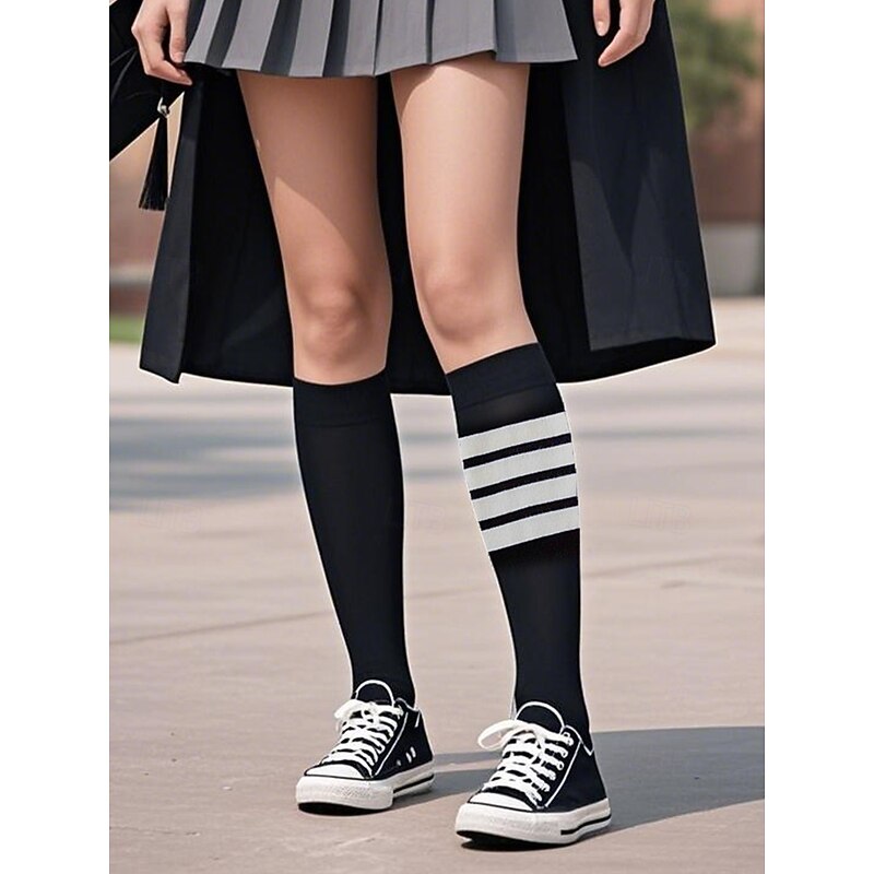 Women's Knee-High Asymmetrical Striped Socks - Sports Cotton Over-Calf School Uniform Socks for Students, Graduation, Cheerleading and Everyday Wear2