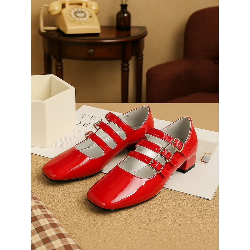 Women's 1930s Vintage Red Patent Leather Mary Jane Flats with Triple Buckle Straps – Retro Classic Dress Shoes for Parties and Daily Wear4